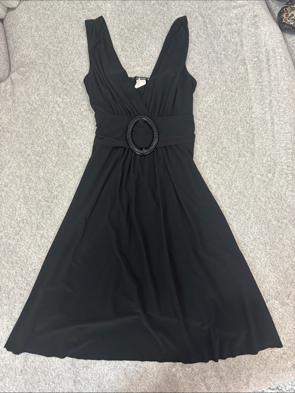 Vintage Black V-Neck Belted A-Line Dress